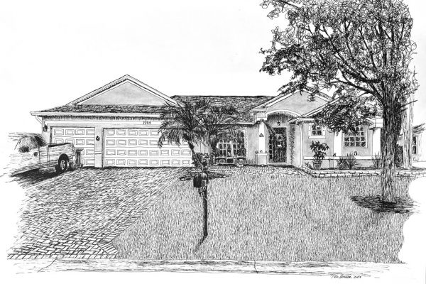Vero Beach Floridian ranch with two white garages, a beautiful plam tree and mud sidded home.