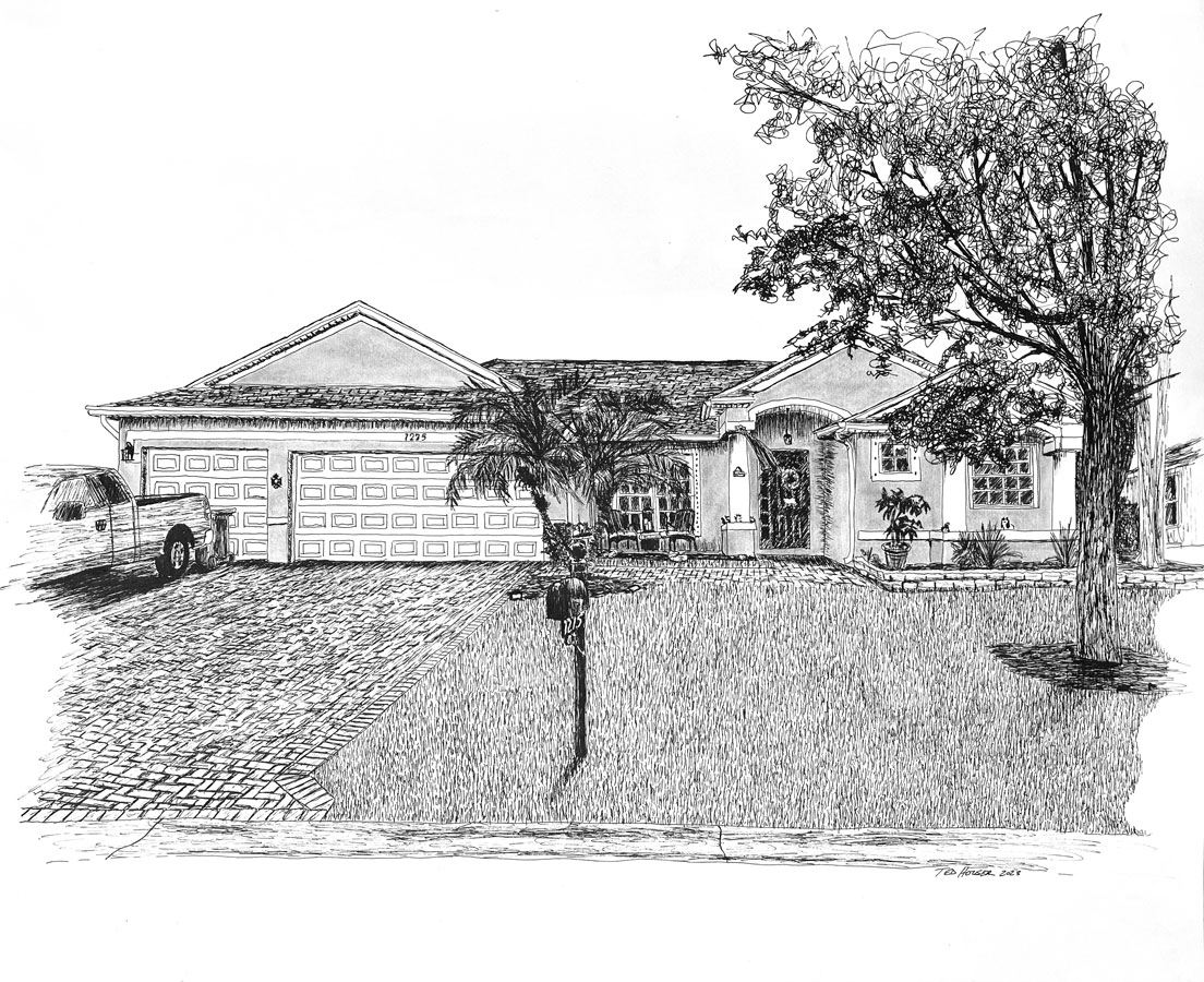 Vero Beach Floridian ranch with two white garages, a beautiful plam tree and mud sidded home.